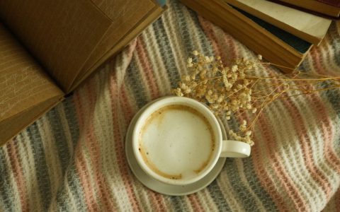 Cup of coffee with open book and dry flowers on a woven blanket, perfect for a literary break.