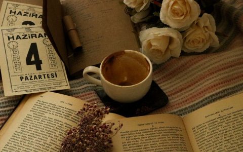 Aesthetic setup of coffee, books, and white roses on a cozy blanket.
