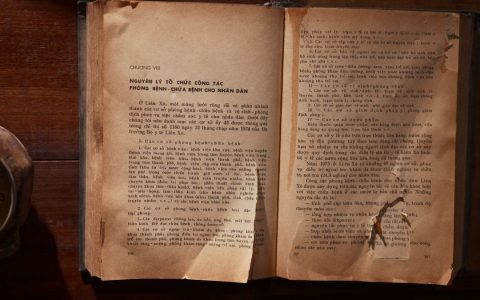 A vintage open book with text in Vietnamese on a wooden table, showcasing old literature.