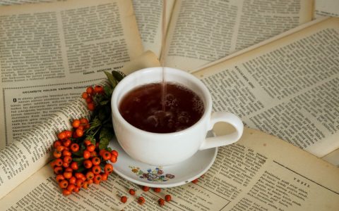 Warm tea being poured into a cup surrounded by vibrant red berries and open book pages, evoking a cozy atmosphere.