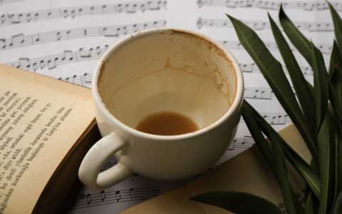 A serene composition featuring a ceramic mug, open book, and sheet music, evoking calm and creativity.