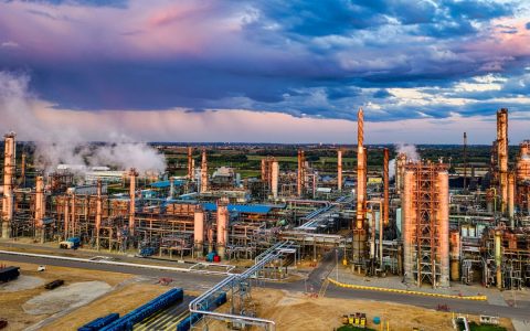 Aerial shot of a sprawling industrial plant in Rosemount, Minnesota, USA.