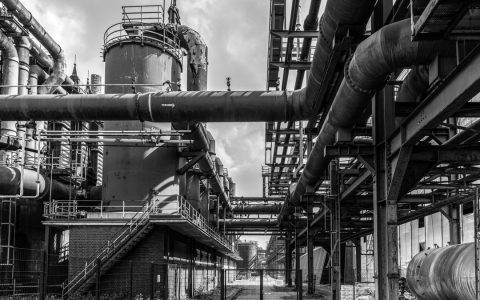 Monochrome image of industrial architecture at Zollverein Coal Mine, Essen, Germany.
