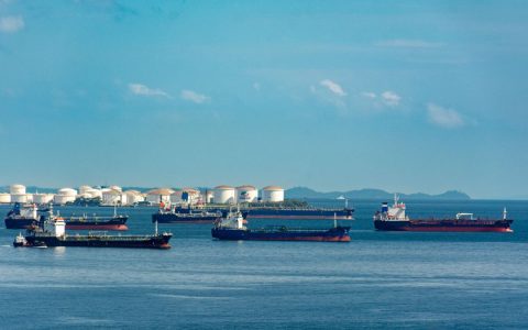 A fleet of cargo ships docked near oil storage tanks along a serene coastline with a clear blue sky above.