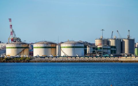 Large storage tanks at an industrial port facility by the water under clear blue skies.