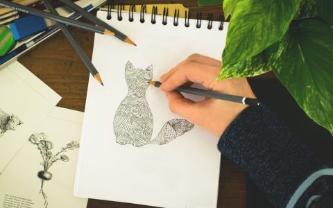 Close-up of a hand drawing a detailed cat design in a notepad surrounded by art supplies and plants.
