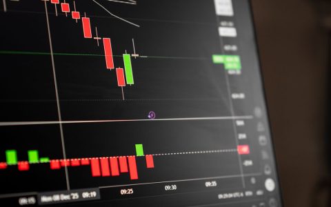 A close-up of a digital screen showing stock market candlestick chart data.