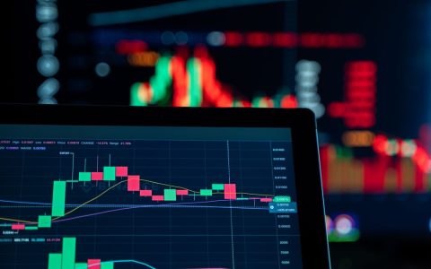 Close-up view of digital trading chart screen with vibrant graphs and data analysis.
