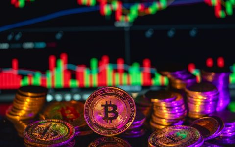 Stacks of Bitcoin with a colorful financial graph in the background depicting the dynamic cryptocurrency market.