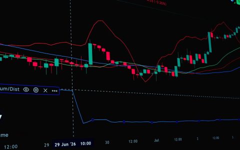 Detailed stock market chart showing candlestick patterns and indicators.