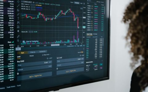 Detailed view of a financial analysis chart on a monitor with cryptocurrency trading data.