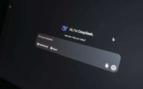 Close-up of DeepSeek AI chat interface on a laptop screen in low light.
