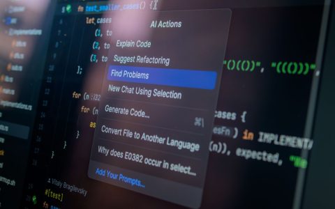 Detailed view of a computer screen displaying code with a menu of AI actions, illustrating modern software development.