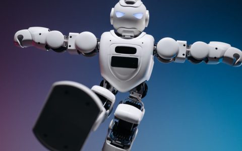 Close-up of a humanoid robot in motion, showcasing modern robotics innovation.
