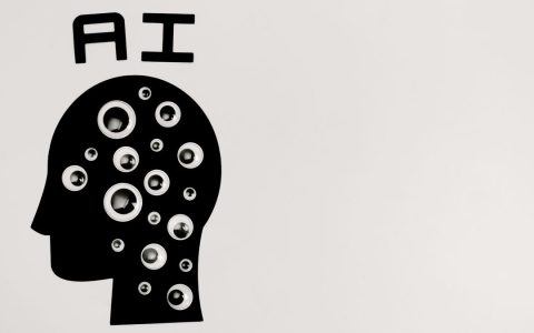 Abstract illustration of AI with silhouette head full of eyes, symbolizing observation and technology.