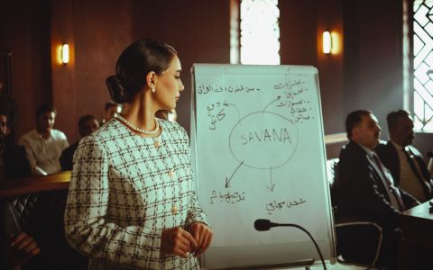 A professional woman presenting a business diagram in a conference room.