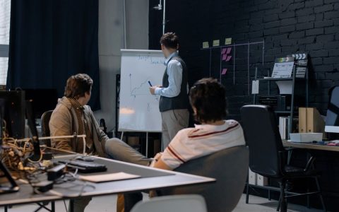 Business meeting with a presentation on growth charts in a contemporary office setting.