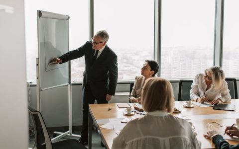Senior executive presenting to colleagues in a modern office conference room.