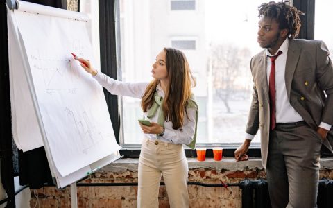 Corporate team discussing business strategies during an office presentation.