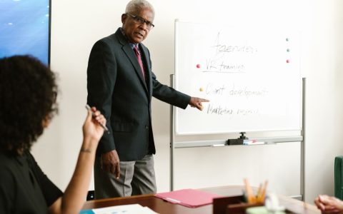 An elderly man in business attire leading a meeting and discussing plans on a whiteboard.
