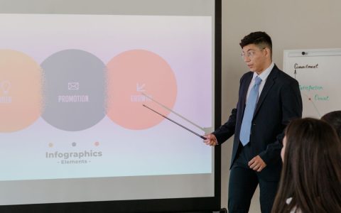 Professional business presentation featuring infographic elements on a screen.