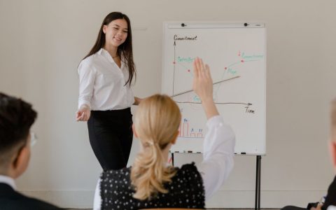 A businesswoman leads a meeting with a graph presentation, engaging her audience. Professional setting.
