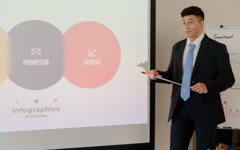 Confident businessman presenting infographics on promotion and growth during a meeting.