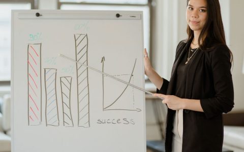 Young woman in black blazer presenting a growth chart on a whiteboard during a business meeting.