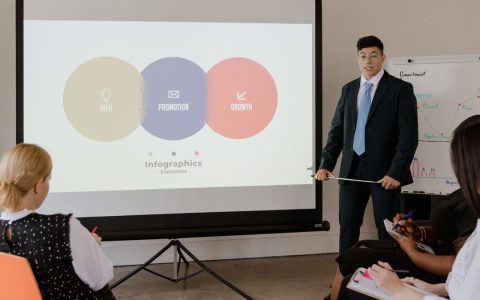 Professional business meeting with a presentation using visual infographics on a projector screen.